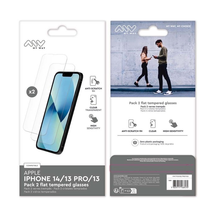 PACK 2 FLAT TEMPERED GLASS IPHONE 14/13 PRO/13