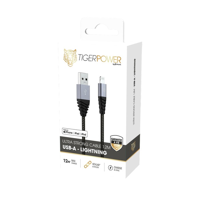 TIGER CAVO DI ALIMENTAZIONE ULTRA RESISTENTE USB-A LIGHTNING 1,2M GRIGIO