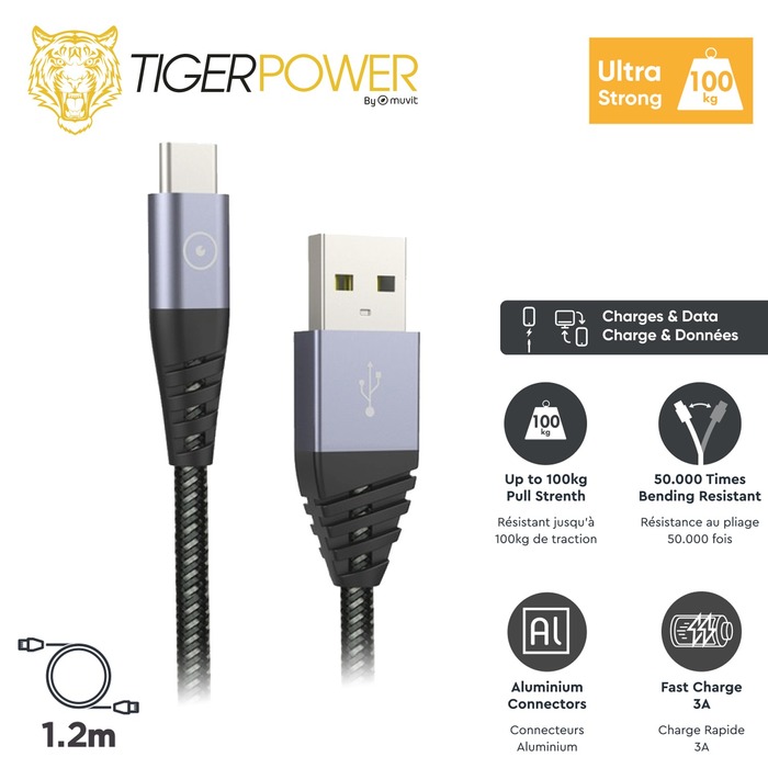TIGER POWER CABLE ULTRA RESISTANT USB-A USB-C 1,2M GRIS
