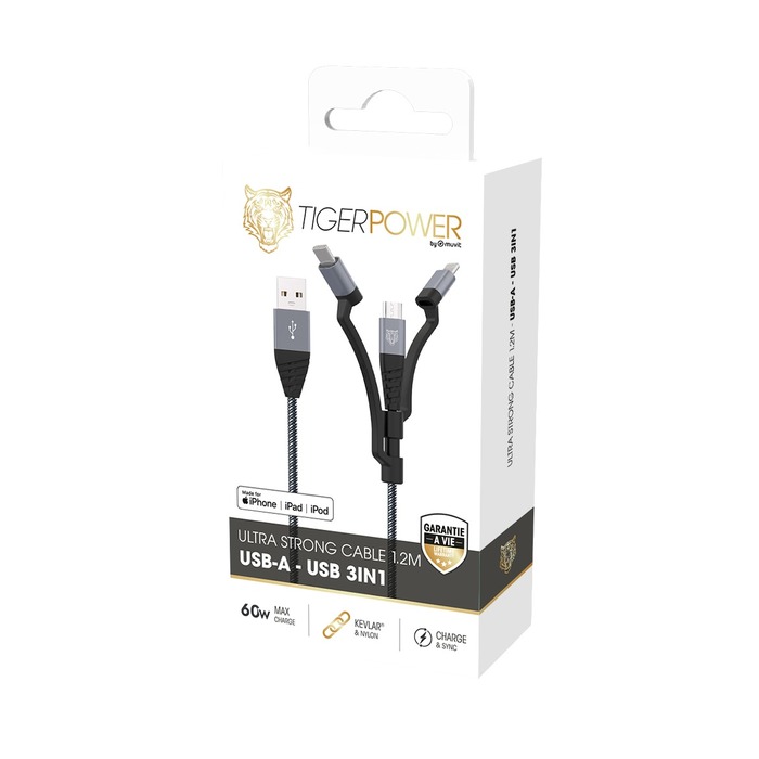 TIGER CAVO DI ALIMENTAZIONE 3IN1 DA USB-A A MICRO-USB/USB-C/LIGHTNING 1,2M GRIGIO
