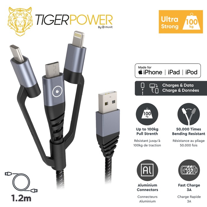TIGER POWER CABLE 3EN1 USB-A VERS MICRO-USB/USB-C/LIGHTNING 1,2M GRIS
