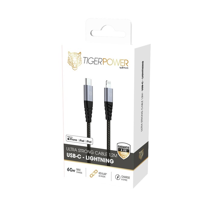 TIGER POWER CABLE ULTRA RESISTANT USB-C LIGHTNING 1,2M GRIS