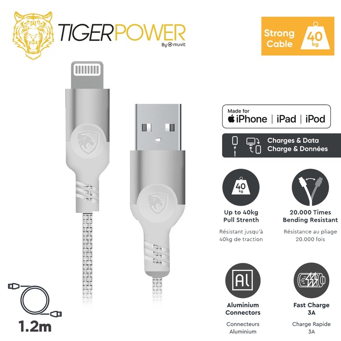 TIGER POWER CABLE USB-A LIGHTNING 1,2M BLANC