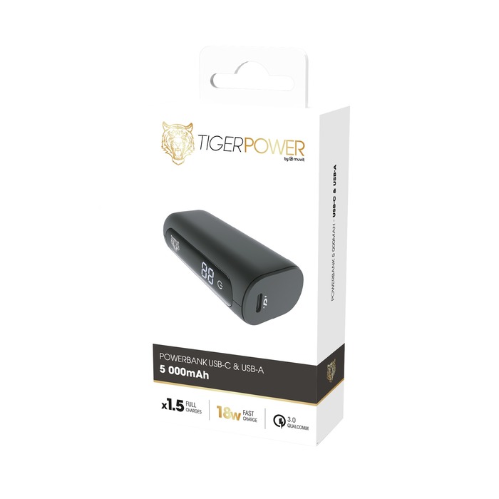 TIGER POWER POWERBANK 5000MAH PD + QC CON 2 CABLES USB-C NEGRO