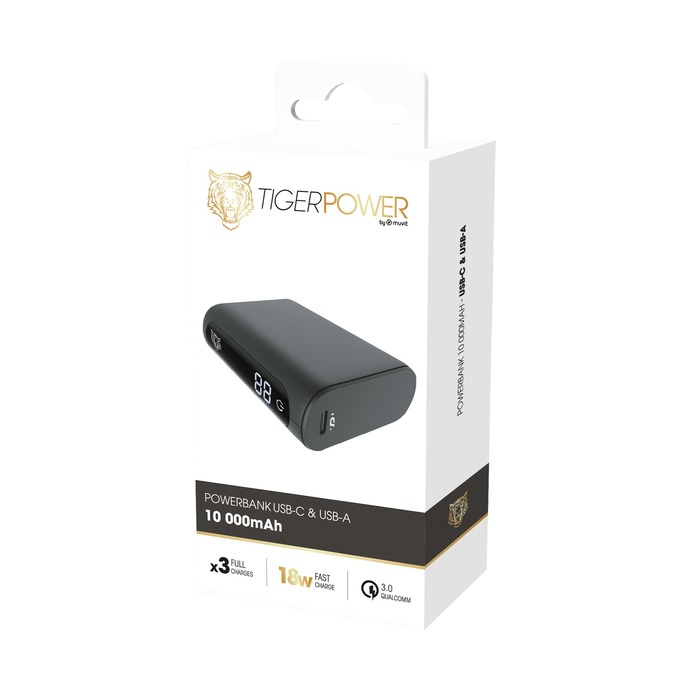 TIGER POWER POWERBANK 10000MAH PD + QC CON 2 CABLES USB-C NEGRO