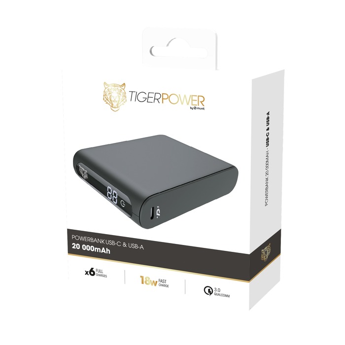 TIGER POWER POWERBANK 20000MAH PD + QC AVEC 2 CABLES USB-C NOIR