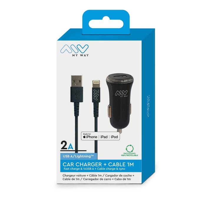 PACK CHARGEUR VOITURE 2A + CABLE LIGHTNING MFI 1M NOIR