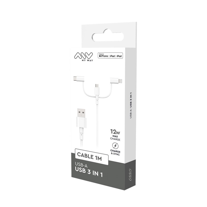CABLE 3EN1 USB-A VERS USB-C/LIGHTNING/MICRO-USB 1M BLANC