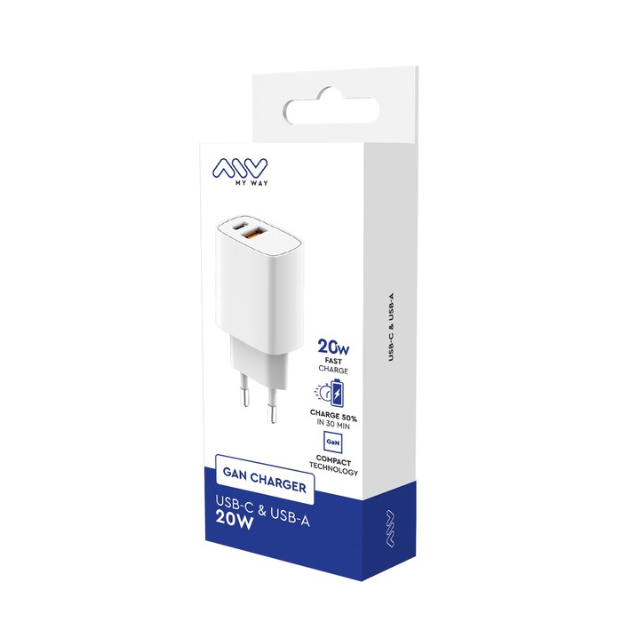 CARGADOR DE RED PD 20W USB-C + QC 18W USB-A BLANCO