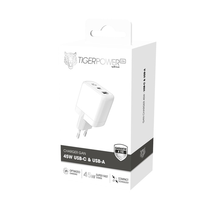 CARICABATTERIE TIGER POWER GAN 45W USB-C USB-A