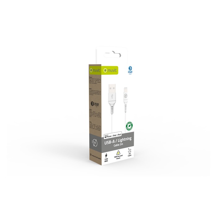 CABLE USB-A LIGHTNING 2M PLASTIQUE RECYCLE BLANC