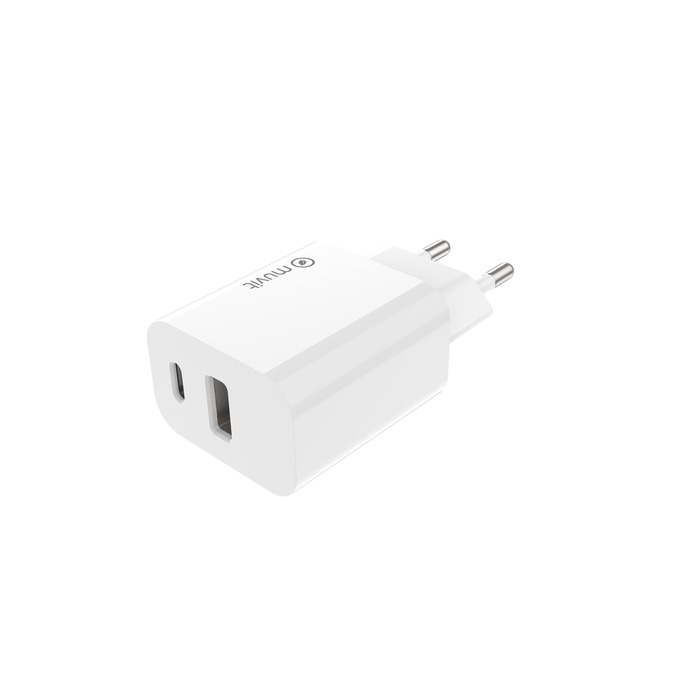 MAINS CHARGER PD 20W USB-C + QC 18W USB-A WHITE
