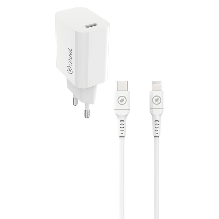 PACK CARGADOR 20W PD + CABLE LIGHTNING BLANCO