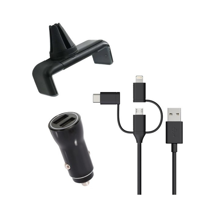 3IN1 CAR CHARGER PACK 2 USB-A + 3IN1 CABLE + GRID HOLDER