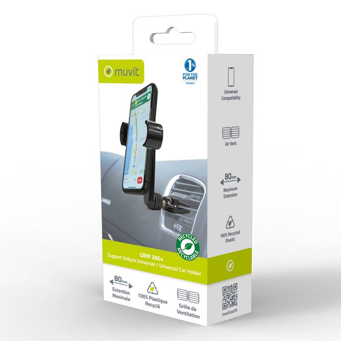 SUPPORT VOITURE GRIP 360+ GRILLE D'AERATION DEPORTE EN PLASTIQUE RECYCLE POUR MOBILES 80MM MAX