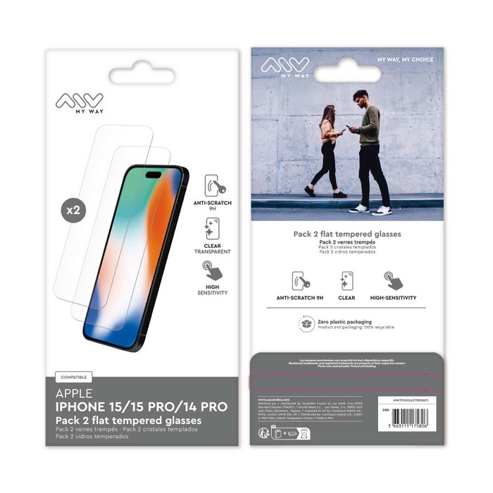 PACK 2 FLAT TEMPERED GLASS IPHONE 15/15 PRO/14 PRO