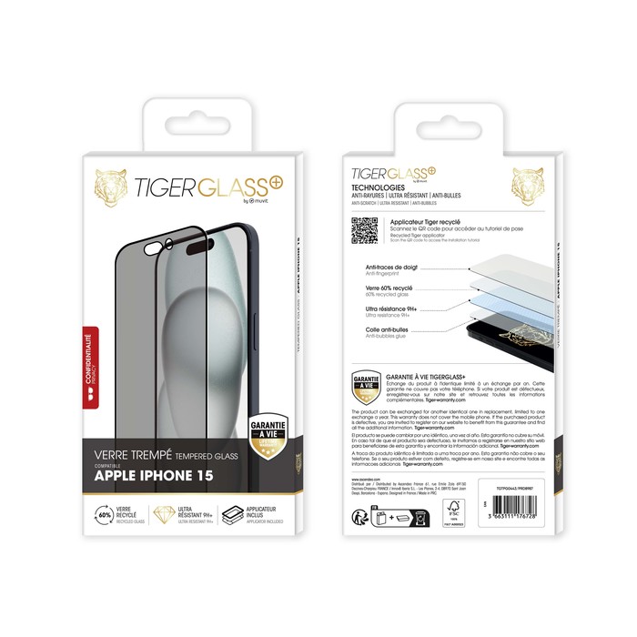 TIGER GLASS PLUS VERRE TREMPE RECYCLE IPHONE 15 : ascendeo grossiste Films  de protection