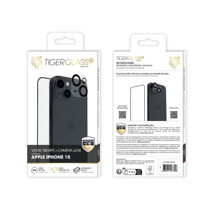 TIGER GLASS PLUS PACK CAMERA LENS VERRE TREMPE RECYCLE IPHONE 15