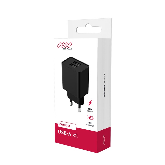 MAINS CHARGER 12W 2 USB-A BLACK