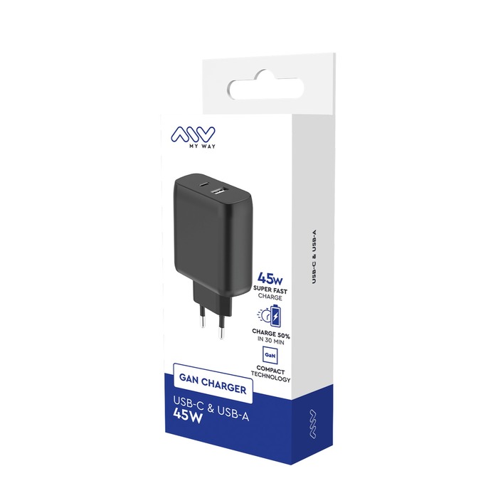 CHARGEUR SECTEUR GAN 45W USB-C USB-A NOIR