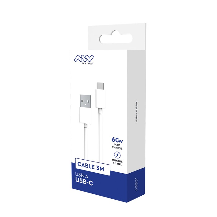 CABLE USB-A USB-C 3M BLANC