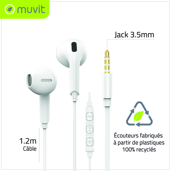 ECOUTEURS JACK 3.5MM PLASTIQUE RECYCLE BLANC