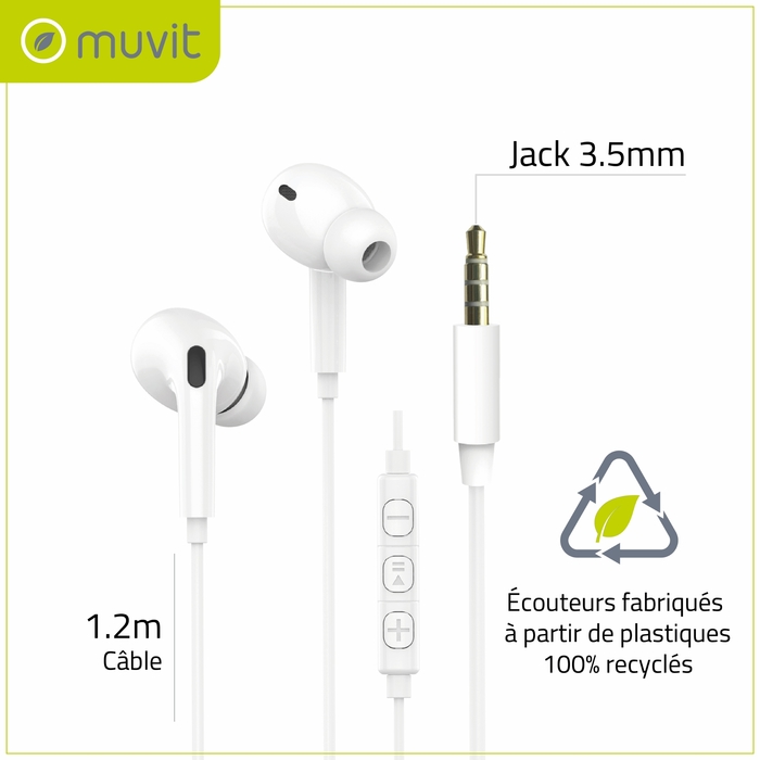 ECOUTEURS INTRA JACK 3.5MM PLASTIQUE RECYCLE BLANC