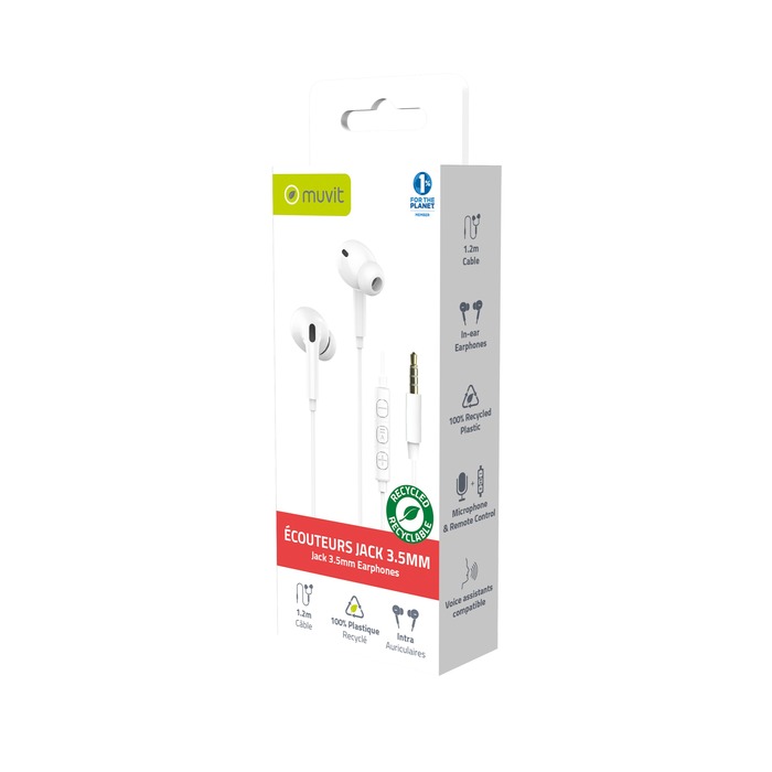 ECOUTEURS INTRA JACK 3.5MM PLASTIQUE RECYCLE BLANC