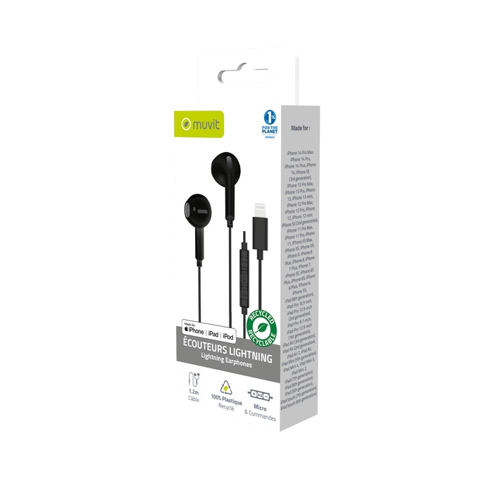 ECOUTEURS LIGHTNING PLASTIQUE RECYCLE NOIR