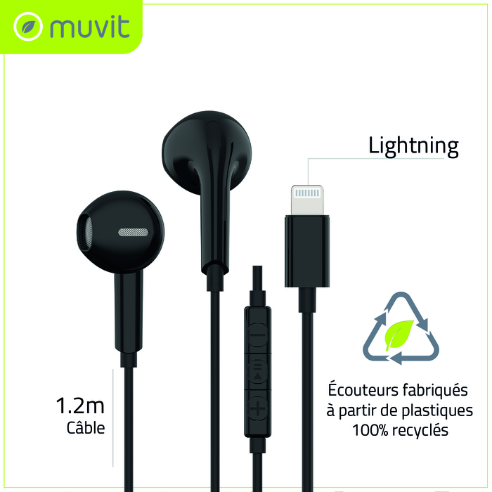 ECOUTEURS LIGHTNING PLASTIQUE RECYCLE NOIR