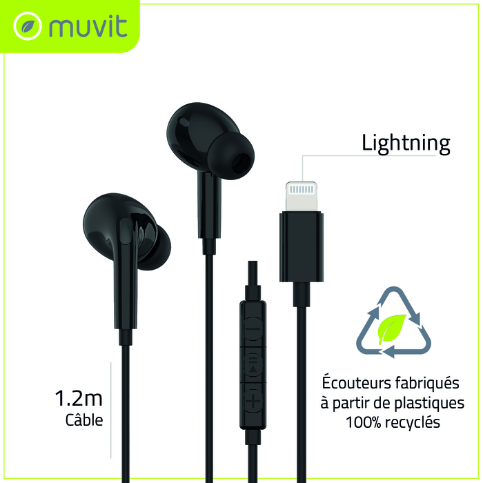 ECOUTEURS INTRA LIGHTNING PLASTIQUE RECYCLE NOIR