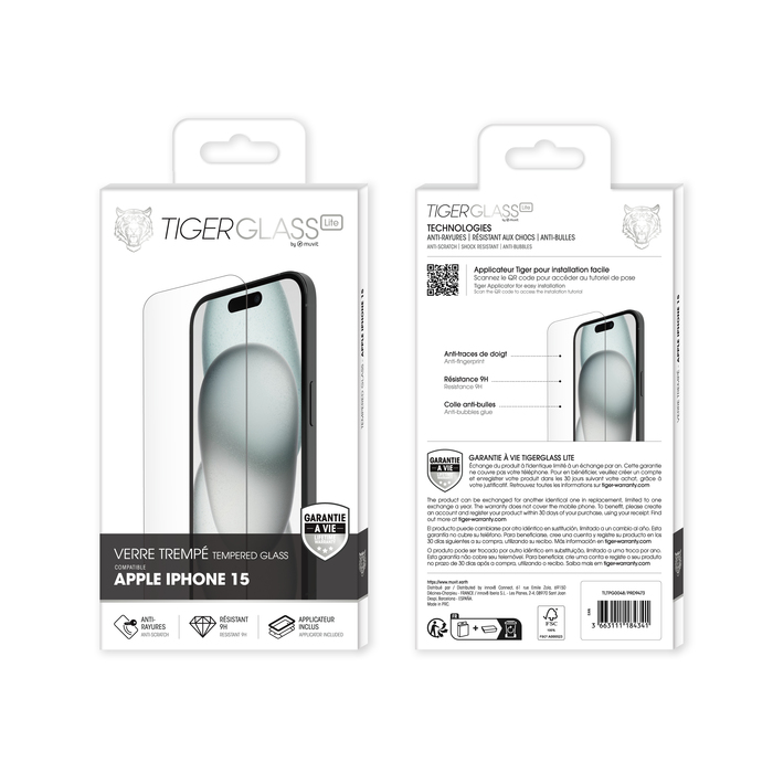 TIGER GLASS LITE TEMPERED GLASS IPHONE 15 LIFETIME WARRANTY