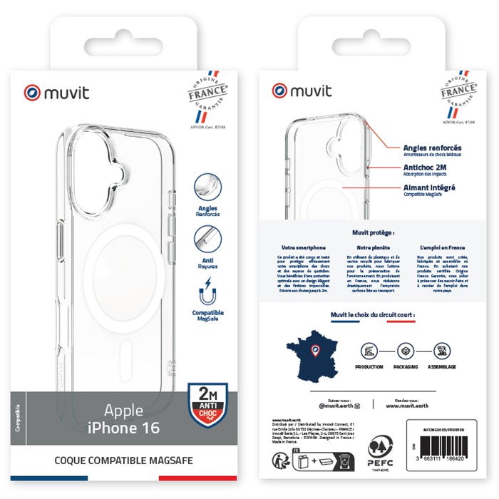 MUVIT FRANCE COQUE TRANSPARENTE MAGSAFE 2M IPHONE 16