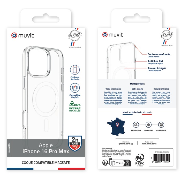 MUVIT FRANCE COQUE TRANSPARENTE MAGSAFE 2M IPHONE 16 PRO MAX