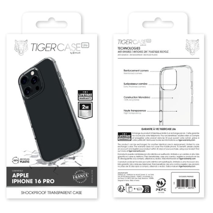 TIGER CASE LITE FRANCE COQUE TRANSPARENTE 2M IPHONE 16 PRO