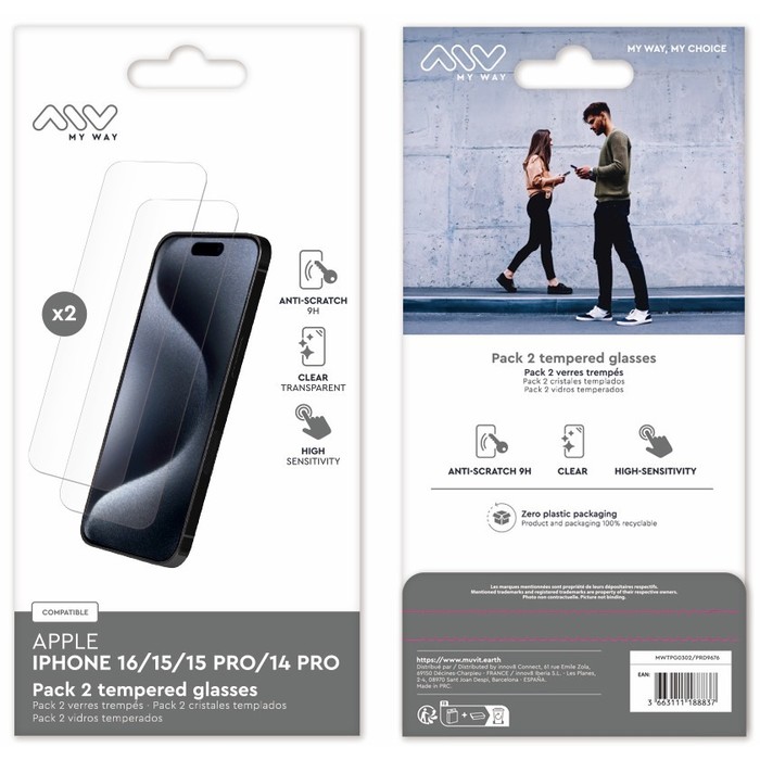 PACK 2 LENTES TEMPLADAS IPHONE 16/15/15 PRO/14 PRO