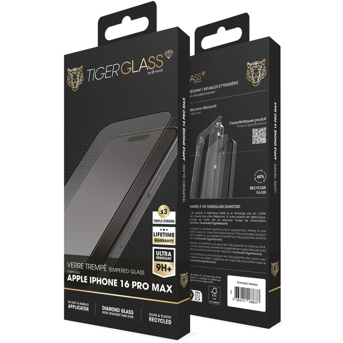 TIGER GLASS DIAMANTE RECICLADO VIDRIO TEMPLADO IPHONE 16 PRO MAX