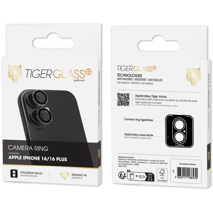 TIGER GLASS PLUS CAMERA RING TRANSPARENT IPHONE 16/16 PLUS