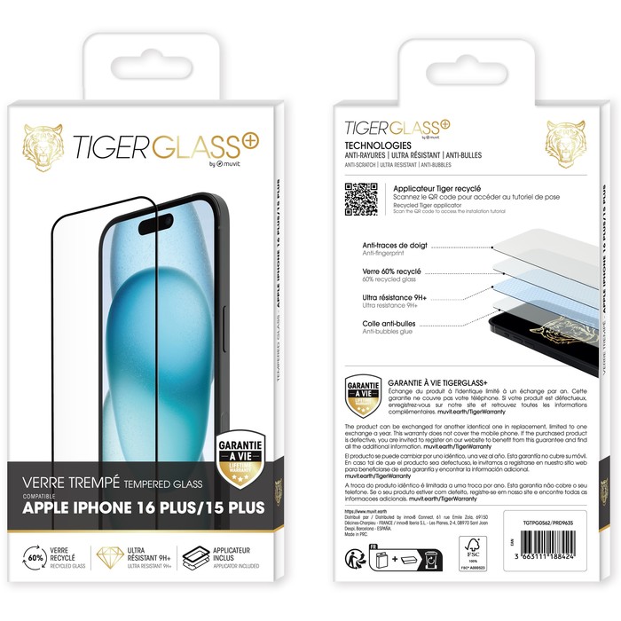 TIGER GLASS PLUS VERRE TREMPE RECYCLE IPHONE 16 PLUS/15 PLUS