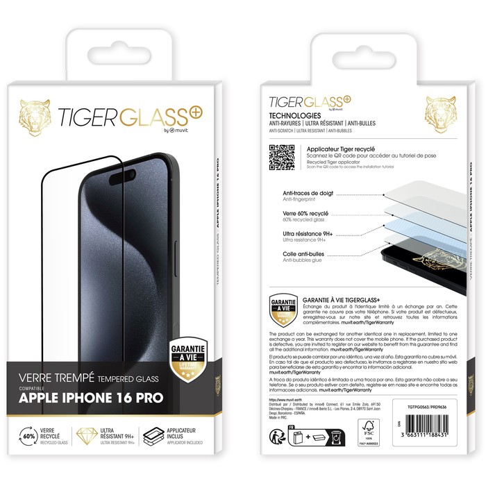 TIGER GLASS PLUS VIDRIO TEMPLADO RECICLADO IPHONE 16 PRO