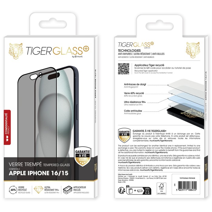 TIGER GLASS PLUS VERRE TREMPE RECYCLE CONFIDENTIEL IPHONE 16/15