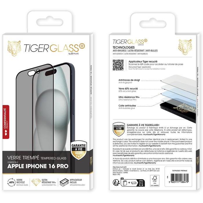 TIGER GLASS PLUS VIDRIO TEMPLADO RECICLADO IPHONE 16 PRO CONFIDENCIAL