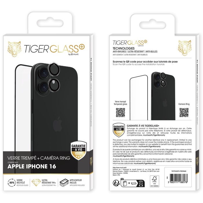 VETRO TIGRE PIÙ ANELLO FOTOCAMERA PACCHETTO TEMPERATO VETRO RICICLATO IPHONE 16