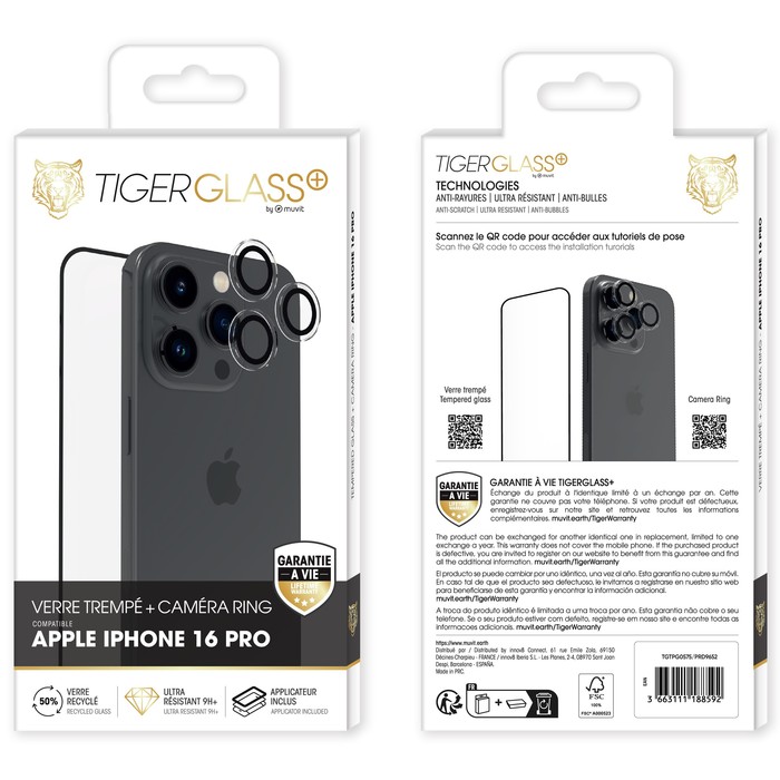 TIGER GLASS PLUS PACK CÁMARA ANILLO TEMPLADO VIDRIO RECICLADO IPHONE 16 PRO