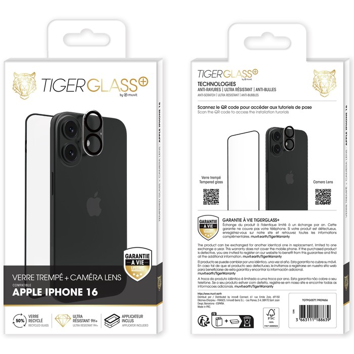 TIGER GLASS PLUS PACK CAMERA LENS VERRE TREMPE RECYCLE IPHONE 16