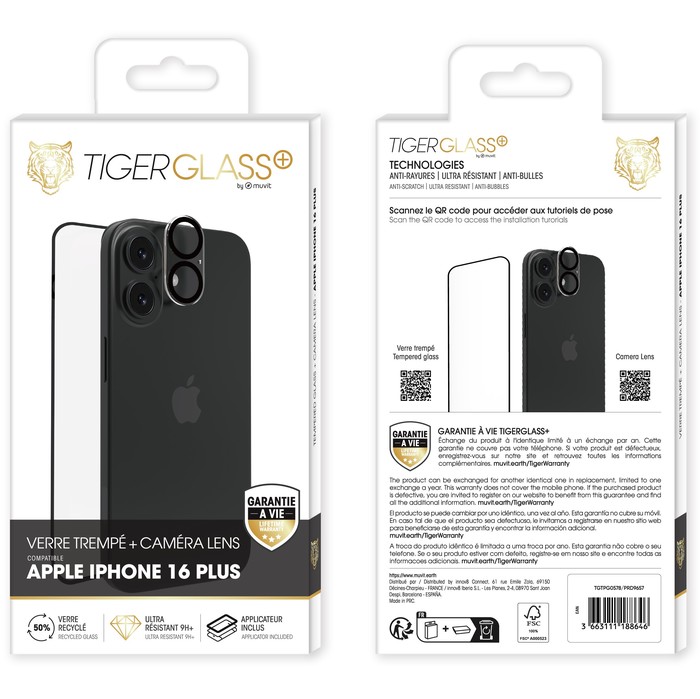 TIGER GLASS PLUS PACK CAMERA LENS VERRE TREMPE RECYCLE IPHONE 16 PLUS