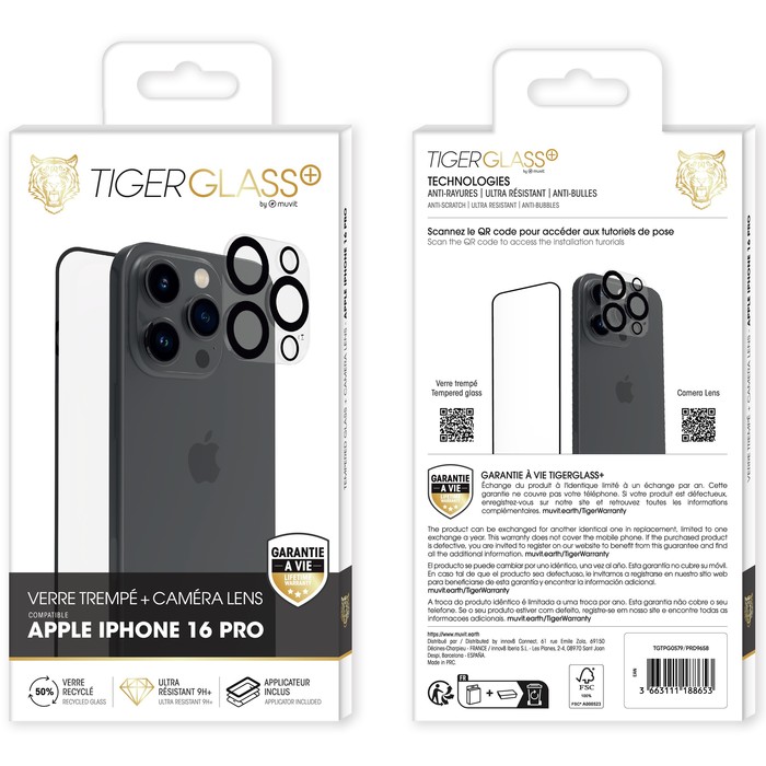 TIGER GLASS PLUS LENTE DE CÁMARA PACK VIDRIO TEMPLADO RECICLADO IPHONE 16 PRO