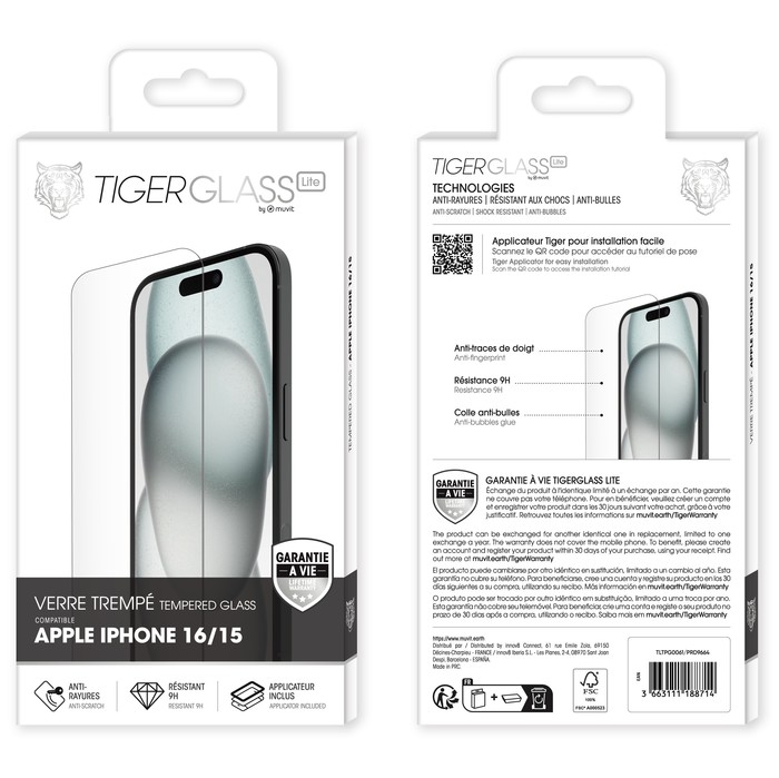 TIGER GLASS LITE CRISTAL TEMPLADO IPHONE 16 GARANTÍA DE POR VIDA