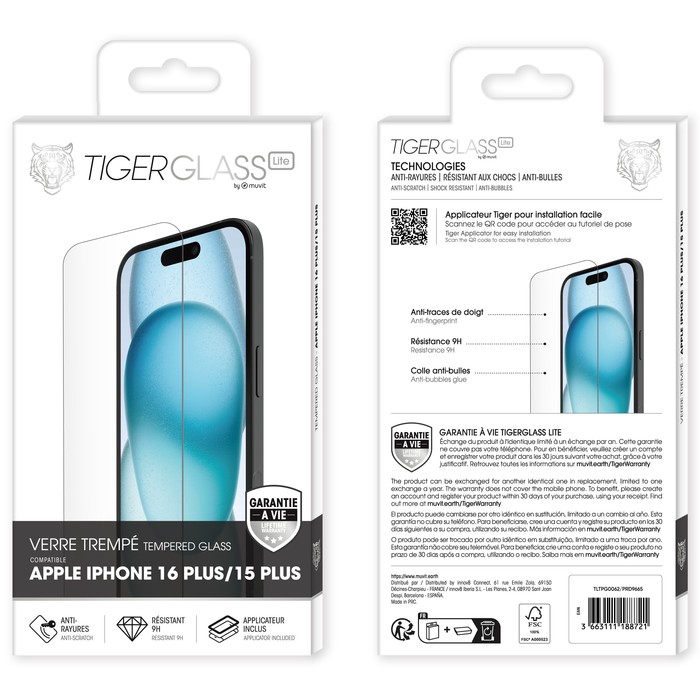 TIGER GLASS LITE CRISTAL TEMPLADO IPHONE 16 PLUS GARANTÍA DE POR VIDA