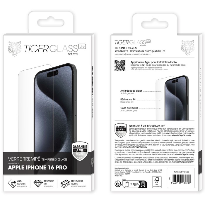 TIGER GLASS LITE CRISTAL TEMPLADO IPHONE 16 PRO GARANTIA DE POR VIDA